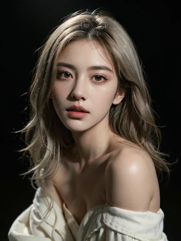 Best quality, masterpiece, ultra high res, (photorealistic:1.5), raw photo, 1girl, offshoulder, in the dark, deep shadow, low key, cold light, sexy look, white hair, long wavy hair, in the club, brown eyes,