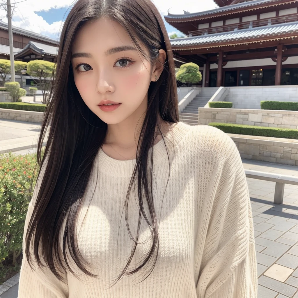 She is posing for a photo wearing a white knit outfit.， Yoshitomo Nara, good young girl, sexy :8, reluvy5213, attractive pose, sexy girl, gorgeous young korean woman, beautiful asian girl, japanese model, korean girl, High resolution,8k，Walking through Yokohama Port