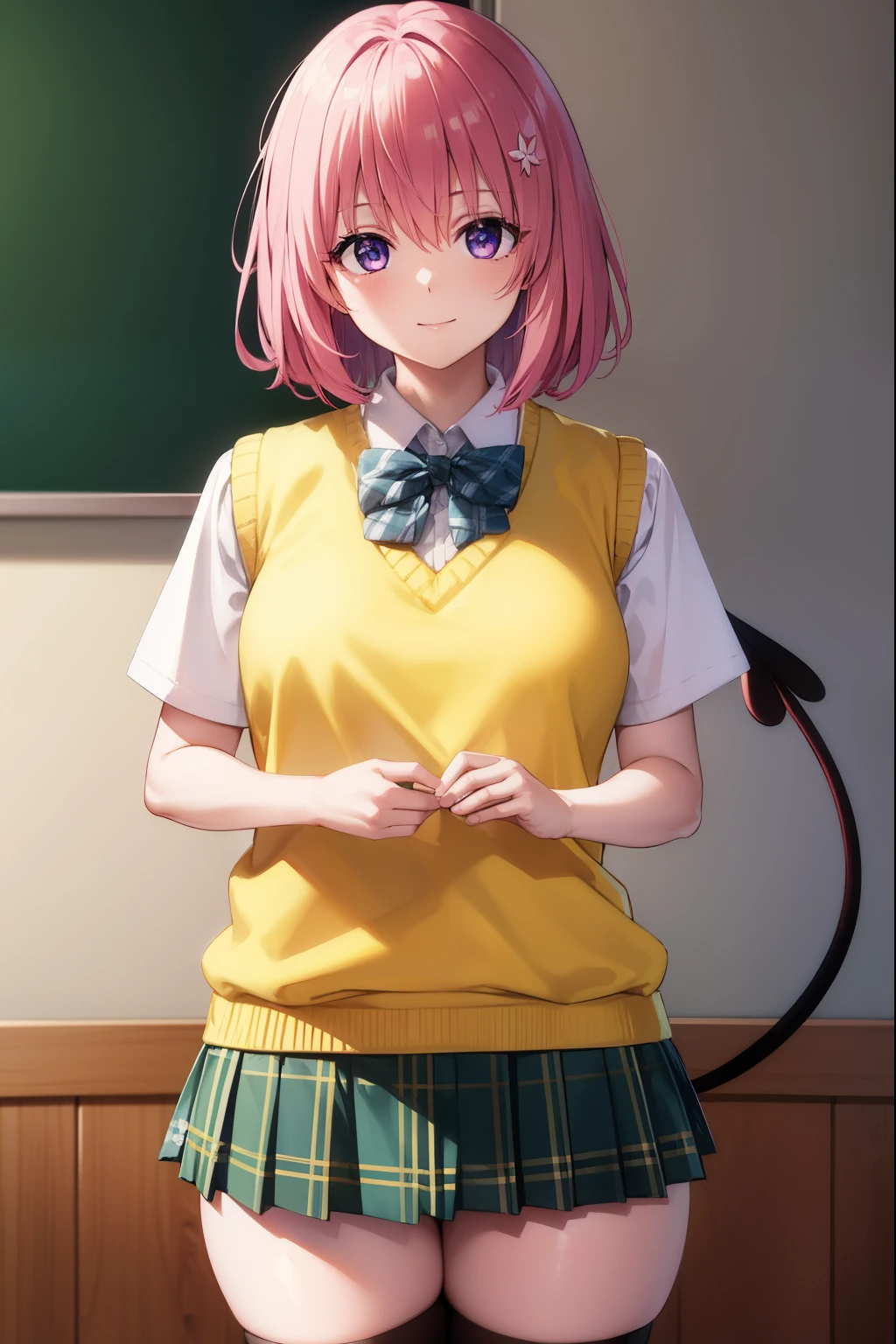 momodevilluke, momo deviluke, demon tail, hair flower, hair ornament, (purple eyes:1.1), pink hair, short hair, tail, smile,
BREAK demon tail, green skirt, plaid, plaid skirt, sainan high school uniform, school uniform, skirt, sweater vest, thighhighs, (yellow sweater:1.5), short sleeves, bow, green bow,
BREAK indoors, classroom,
BREAK looking at viewer, (cowboy shot:1.5),
BREAK (masterpiece:1.2), best quality, high resolution, unity 8k wallpaper, (illustration:0.8), (beautiful detailed eyes:1.6), extremely detailed face, perfect lighting, extremely detailed CG, (perfect hands, perfect anatomy),