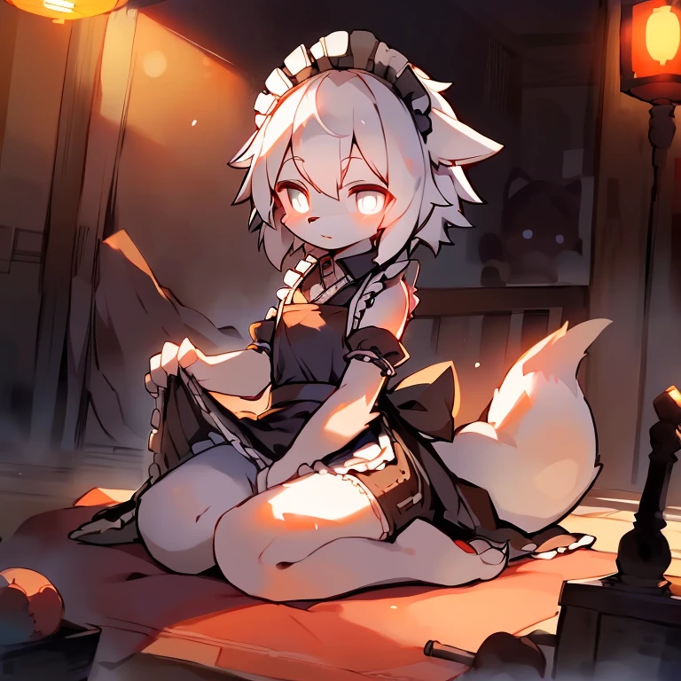 Masterpiece, high quality portrait, 16k, Furry,solo person,(white eyes, white hair,White arms,White legs:1.2),,Maid dress,Fox, cub, bit girl,skin_Fang, Double reference, warm lights, Japanese-style kneeling sitting,Bedrooms, Full shot,author:Sumi Kuroi, Yupa,Kiyosan