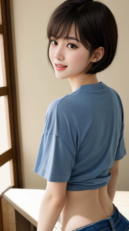 top-quality,masterpiece,Raw photography,8K,Top image quality,hight resolution, 18 years old Japanese female idol ,Beautuful Women,cute Japanese girls, Pretty Woman ,Beautiful face in every detail, ,small head, seductive smile ,Realistic human skin, pale skin ,cut model , Short hair ,bowl cut ,skinny body , t-shirts,low rise pants, constriction, face focus , back focus, leaning forward ,arched back, from above ,from behind,looking back,selfie ,