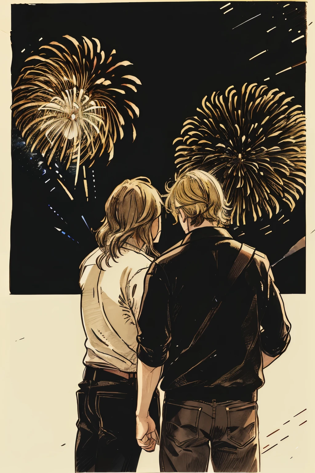 two men - one of them with mid-long brown hair and other with short blonde hair - looking to the fireworks sketch style no color and no face