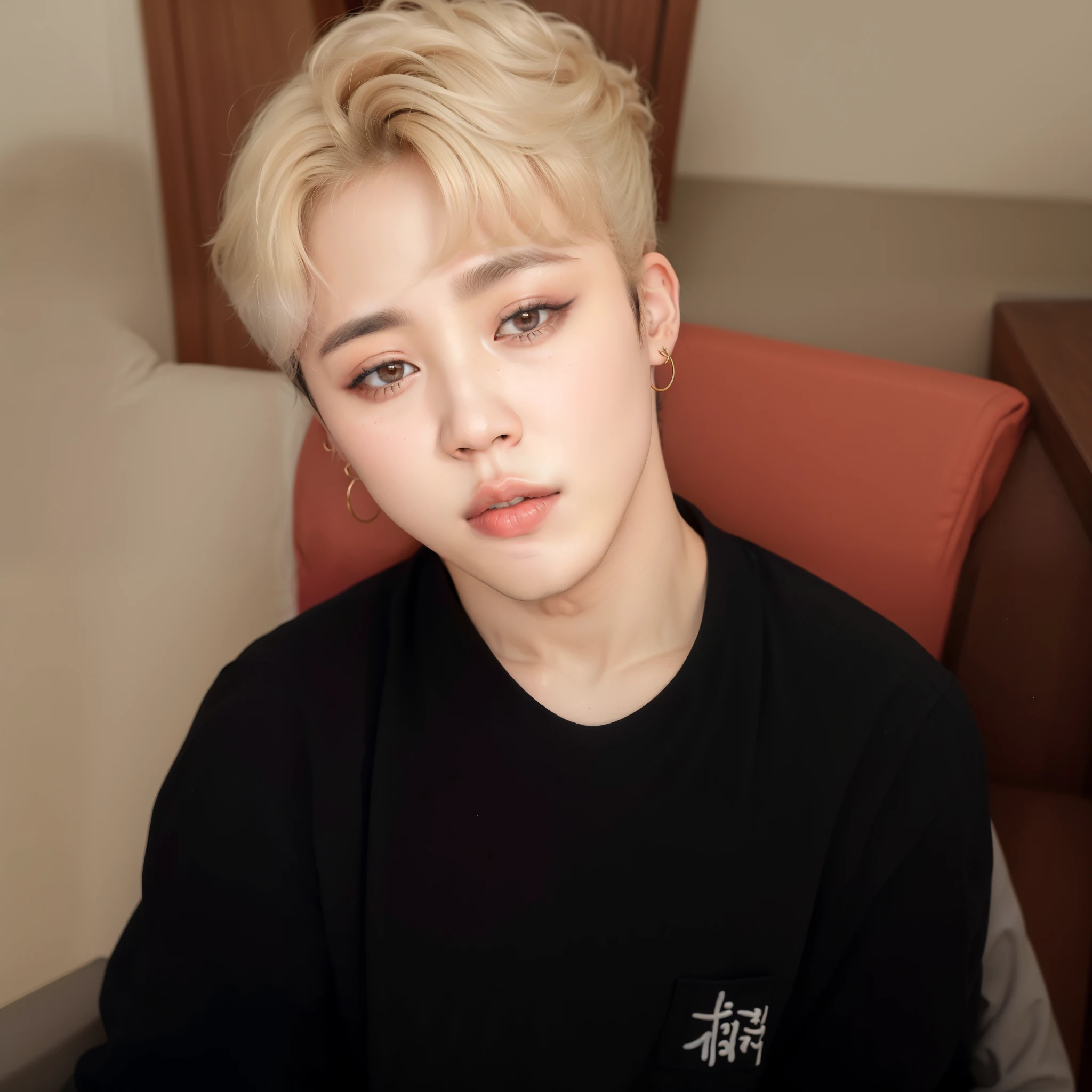 foto arafada de um homem com uma camisa preta e uma cadeira marrom, park Jimin, Jimin\the full lips, accurate Jimin face, Jimin, Jimin\o nariz grego, Jimin\the right eyelid is swollen, adorable and pale korean face, hyung tae, kpop idol portrait, Hong junho hyung, com cabelo curto, taejune kim