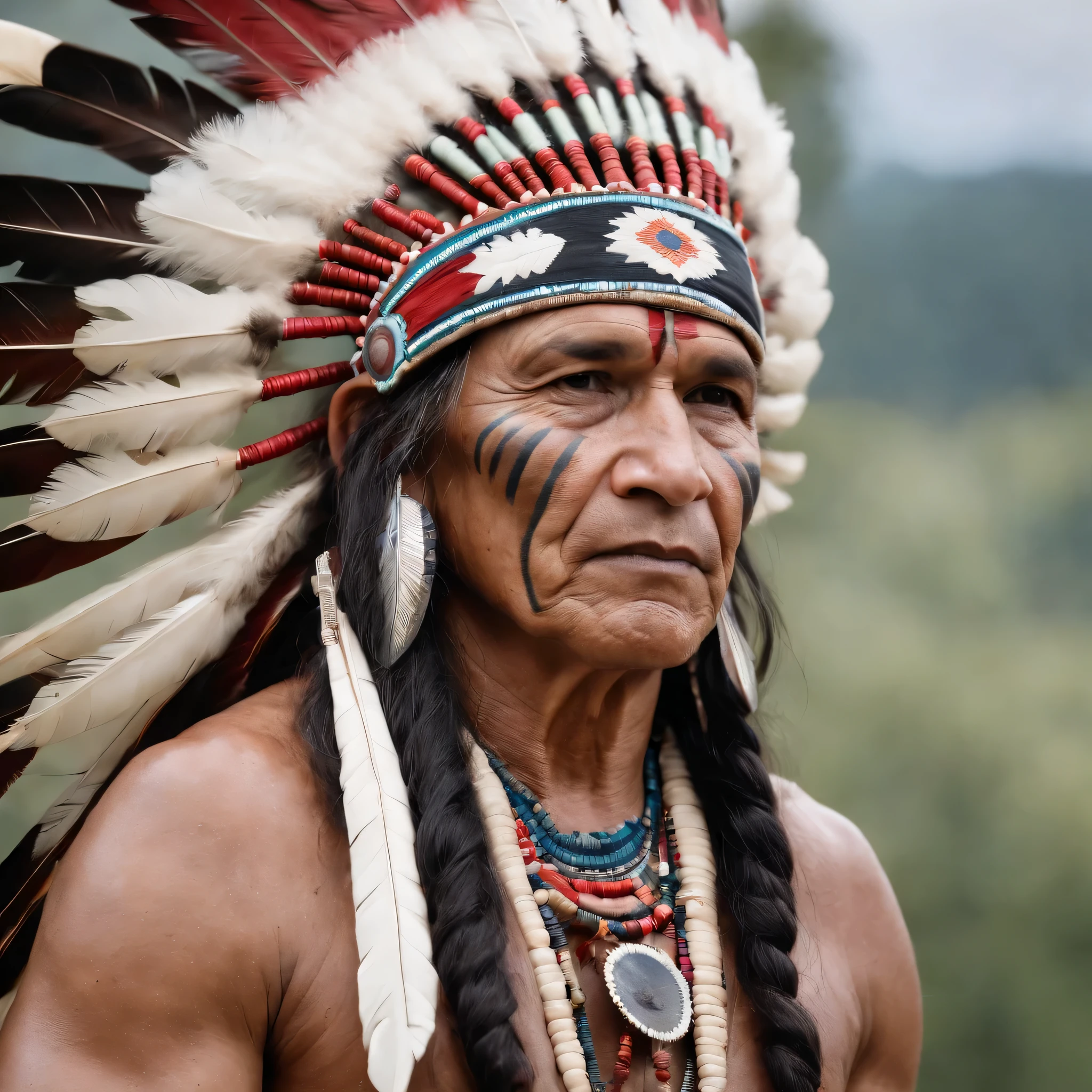 a Indian Chief Cherokee with colored Indian headdress and face painted ,intrinsic details,masterpiece,hyper realistic, hd, 8k