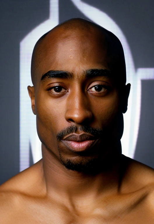 Tupac Shakur, dark ambient, straight eye contact, shirtless, artistic pose, realistic details:1.37, best quality, 4k, black background, no head accessories