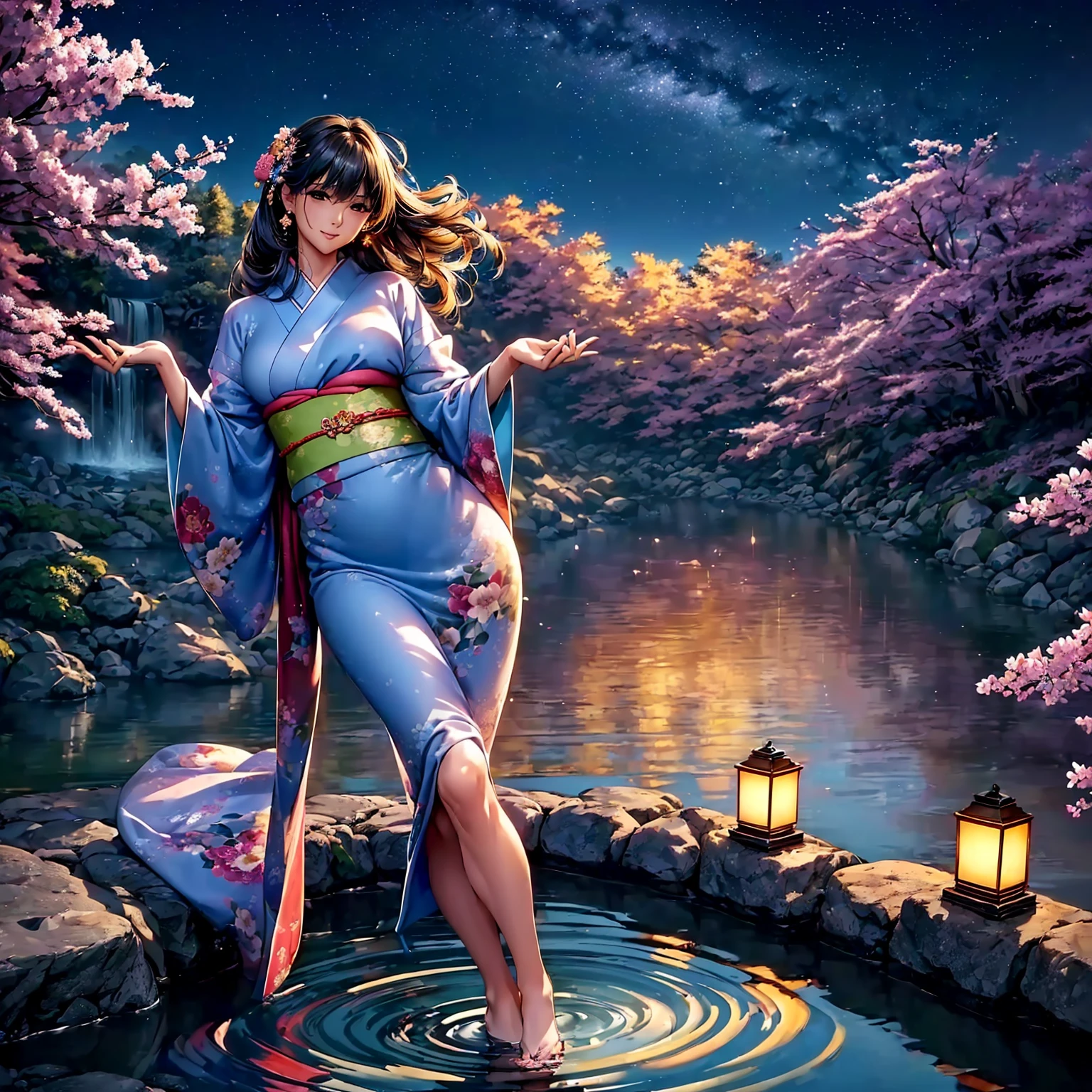 (((highest quality、masterpiece、very high resolution))),(A woman of exquisite beauty:1 person,beautiful figure,beautiful face,beautiful skin,beautiful breasts,Well-formed eyes and nose,bright smile)、(Beautiful slender body,best hair texture,Best skin texture)、((Beautiful Japan kimono:floral and colorful)),(Fantastic waterside,There is a waterfall,Night cherry blossoms and lanterns,mysterious night sky、beautiful scenery),(water play,beautiful pose,model shoot,Hair flutters under the influence of the wind),realistic portrait,bijinga,(highly detailed images、accurate image、Perfect Image 1.5),(best shot,RAW photo)