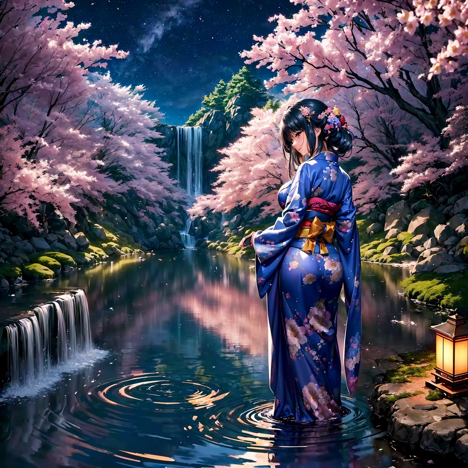(((highest quality、masterpiece、very high resolution))),(A woman of exquisite beauty:1 person,beautiful figure,beautiful face,beautiful skin,beautiful breasts,Well-formed eyes and nose,bright smile)、(Beautiful slender body,best hair texture,Best skin texture)、((Beautiful Japan kimono:floral and colorful)),(Fantastic waterside,There is a waterfall,Night cherry blossoms and lanterns,mysterious night sky、beautiful scenery),(water play,beautiful pose,model shoot,Hair flutters under the influence of the wind),realistic portrait,bijinga,(highly detailed images、accurate image、Perfect Image 1.5),(best shot,RAW photo)