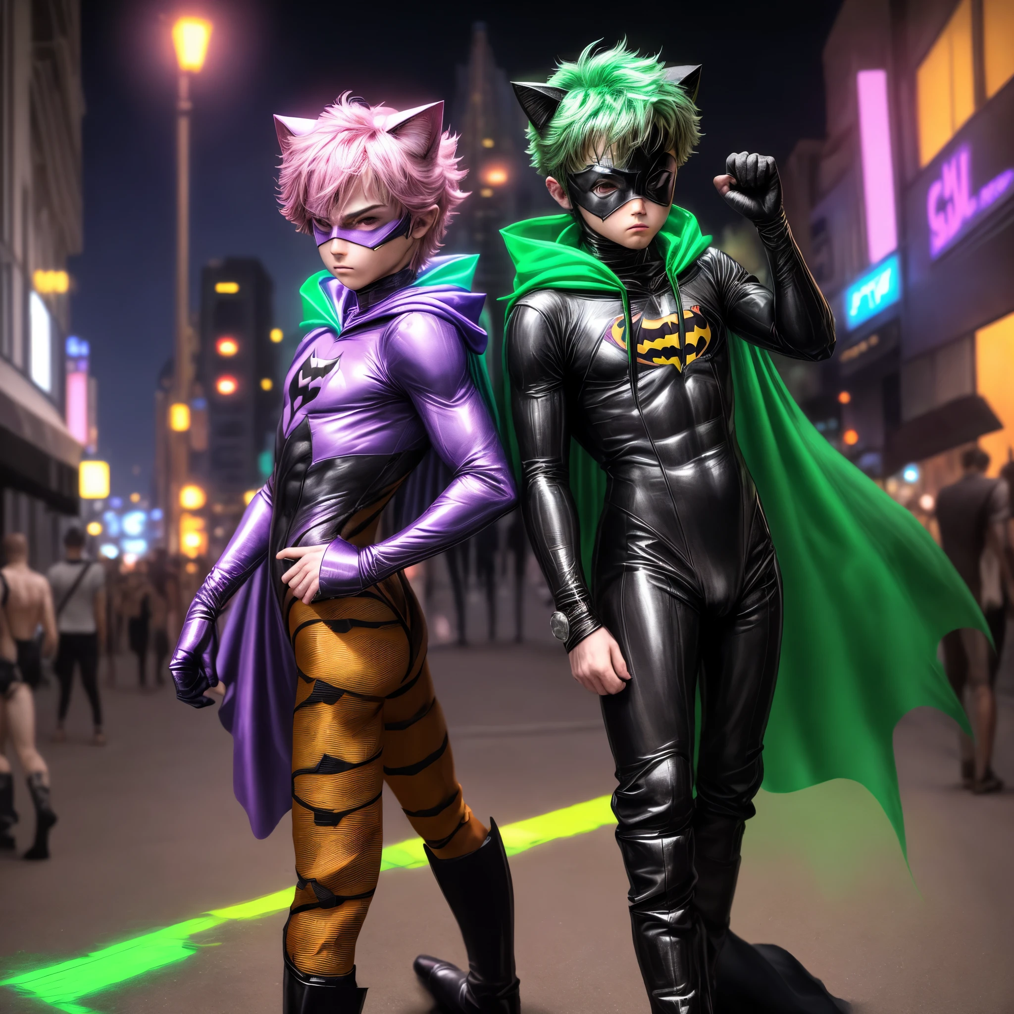 Photo-realistic image. 8k, sharp focus, hyper-realism, magic realism. Highly detailed costumes. Two superheroes stand in the middle-ground, wearing boots. They have human faces. They wear hero masks that show their mouths and eyes. They wear cat ears. Cat-man is wearing a white cat costume with a big pink letter 'C' on his chest. He stands next to Kitty-boy. Kitty-boy wears a violet cat costume with an emerald letter 'K' on his chest. Two men stand in a city street at night and wear rubber latex costumes (white, violet, pink and emerald costumes) and fluffy cat tails. They stand back-to-back with their legs apart. I can see their feet. They both hold laser guns in their hands. They stand in the middle of a city street. The street is well-lit. City lights from shop fronts. One man is shorter than the other. They have long cat tails. They are wearing knee-high boots. A (man dressed as a cat) is taller than (a shorter boy dressed as cat). They wear hoods with cat ears. These 2 super-heroes are a (man dressed as cat) and (a short boy dressed as cat). They are dressed in spandex outfits. They both stand on a city street with their legs apart and stand back to back. Cat-man is taller than Kitty-boy. People are dancing in the background. The street is brightly lit at night from many lasers and light. The street looks like a nightclub. Many people wearing partyits are in the background.