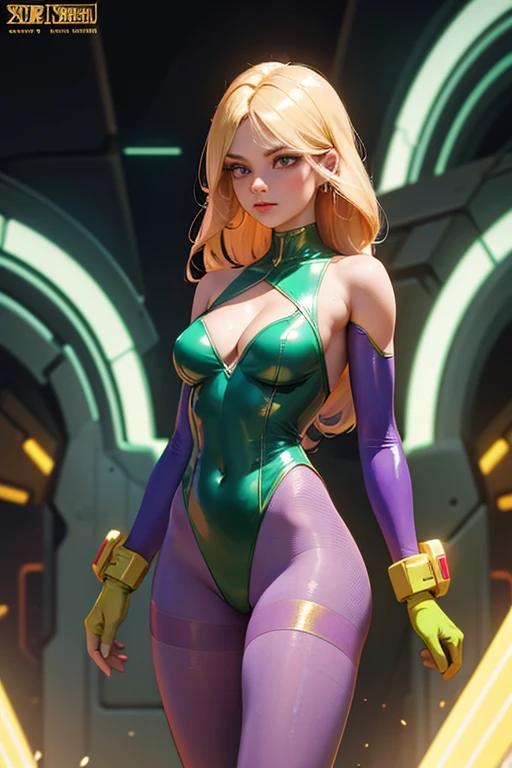 Best quality, 8K, vivid color, woman retro super hero futurism, standing, facing away from the observer, golden hair, long eyelashes, light purple shiny leotard, cleavage, metalic details, light green pantyhose, neutral sci-fi scenario
