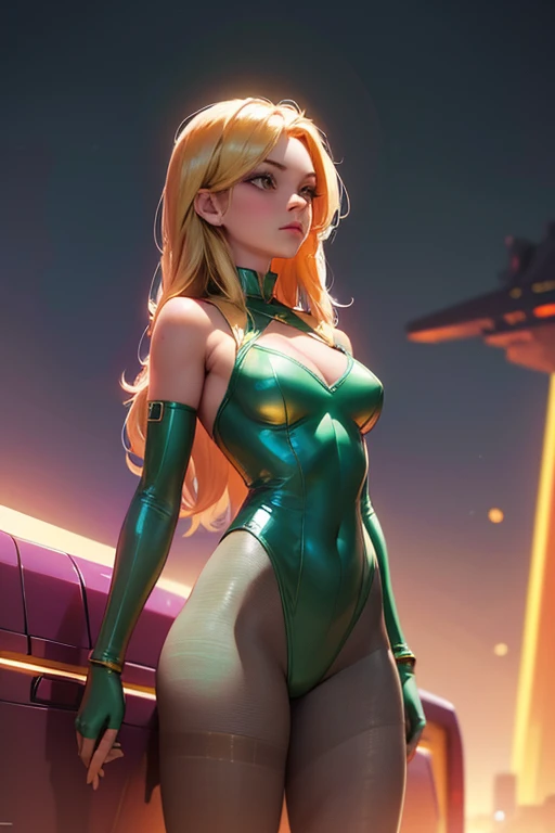 Best quality, 8K, vivid color, woman retro super hero futurism, beautiful and detailed face, big eyelashes,standing, facing away from the observer, golden hair, long eyelashes, light purple shiny leotard, cleavage, metalic details, light green pantyhose, neutral sci-fi scenario
