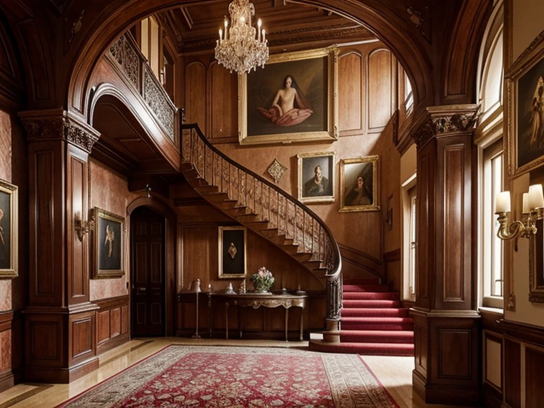Medieval European mansions、There are no people、Entrance lobby、On the wall is a picture of a naked woman in a gorgeous frame.、There are multiple nude portraits.、There are multiple portraits of naked women in large frames in front.、Red wallpaper、Luxurious carpet in front、(Hometown Stairs with an atrium)、high ceilings