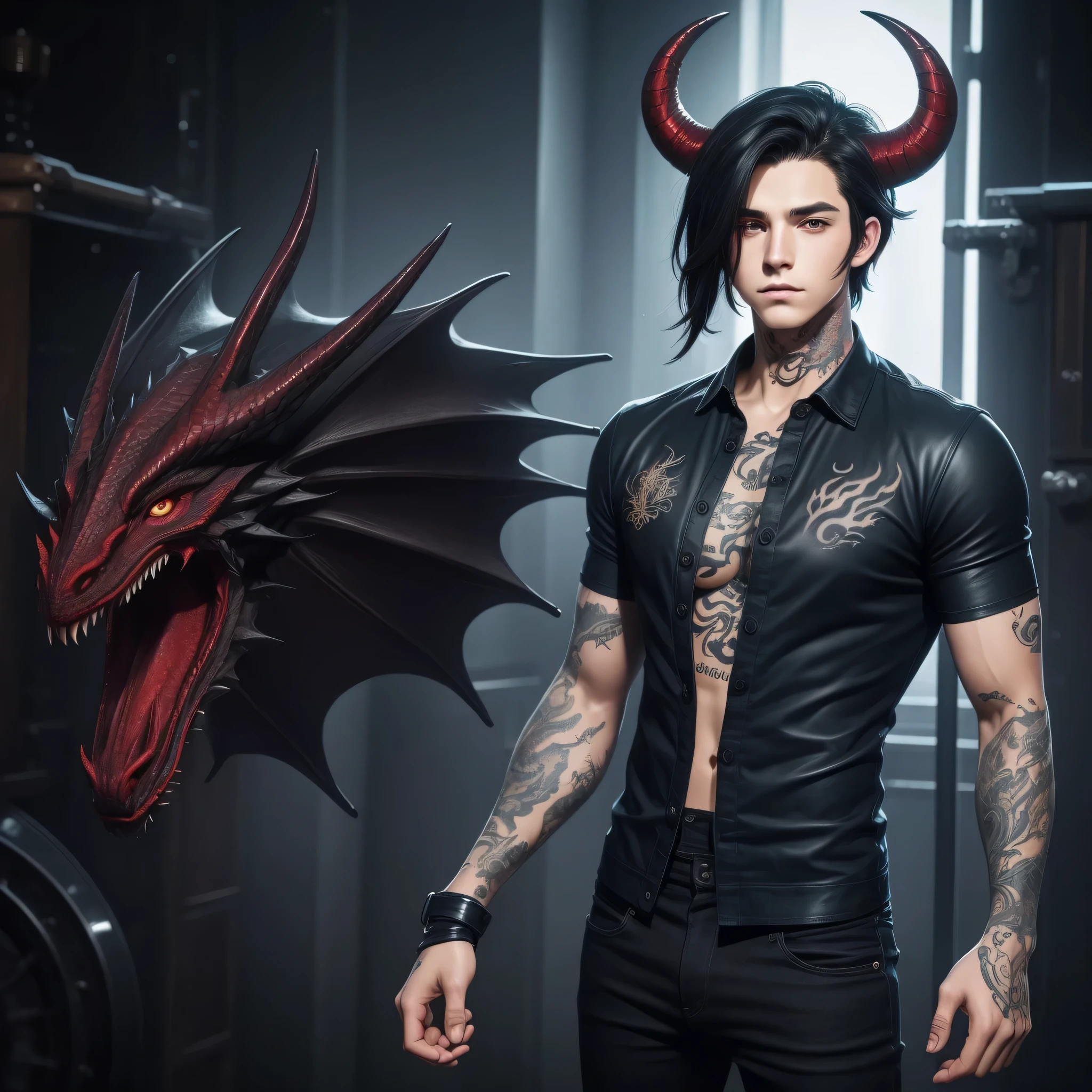 Handsome young teenage male with long black hair with dark blue ombre , red serious eyes, tattooed hands, wearing casual clothes, handsome, dragon horns, evil