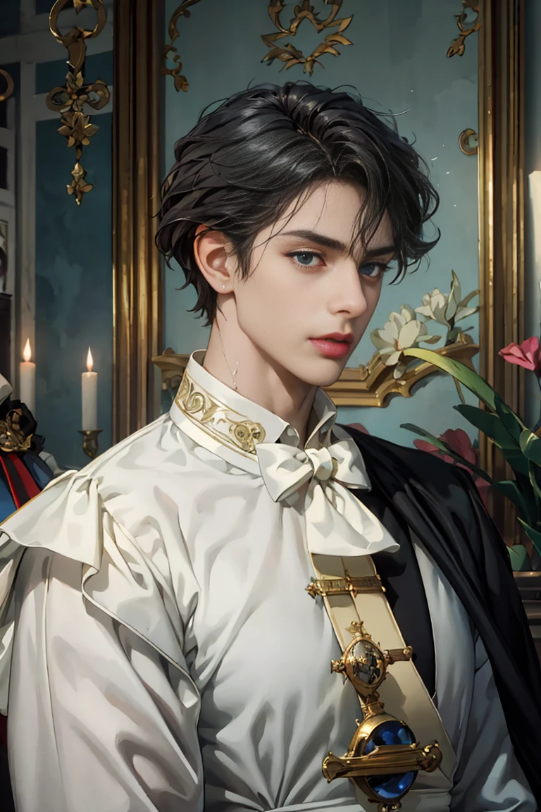 masterpiece, 最high quality, high quality, 1 boy, alone, male focus, looking at the viewer, Upper body, victory_destiny, black hair, blue eyes, white people, Noble, historic, noble, noble的な, Victorian, 20-year-old