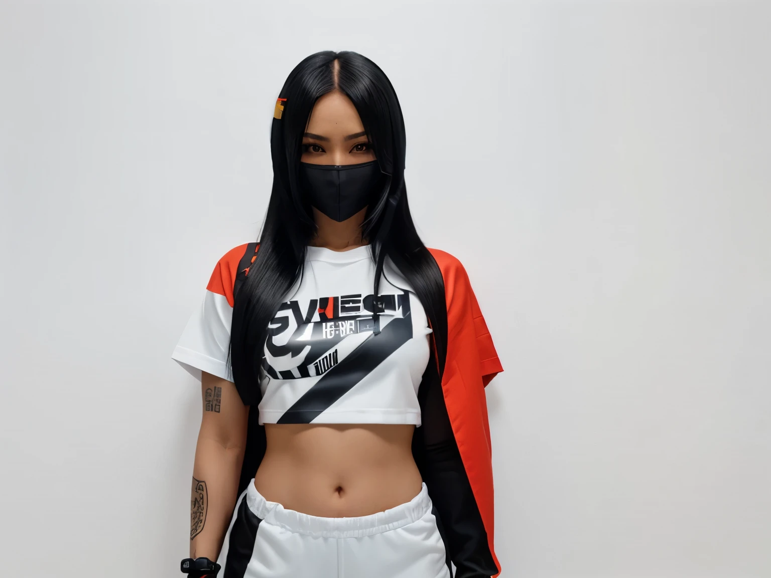 anime style illustration add a costume based on Cape Verde flag, of techwear, cyborg ninja, holding a sword, wearing a mask, striking pose, all limbs appear in frame, japanese vibe, detailed design for streetwear and urban style t-shirt design, solid color background, etc pro vector