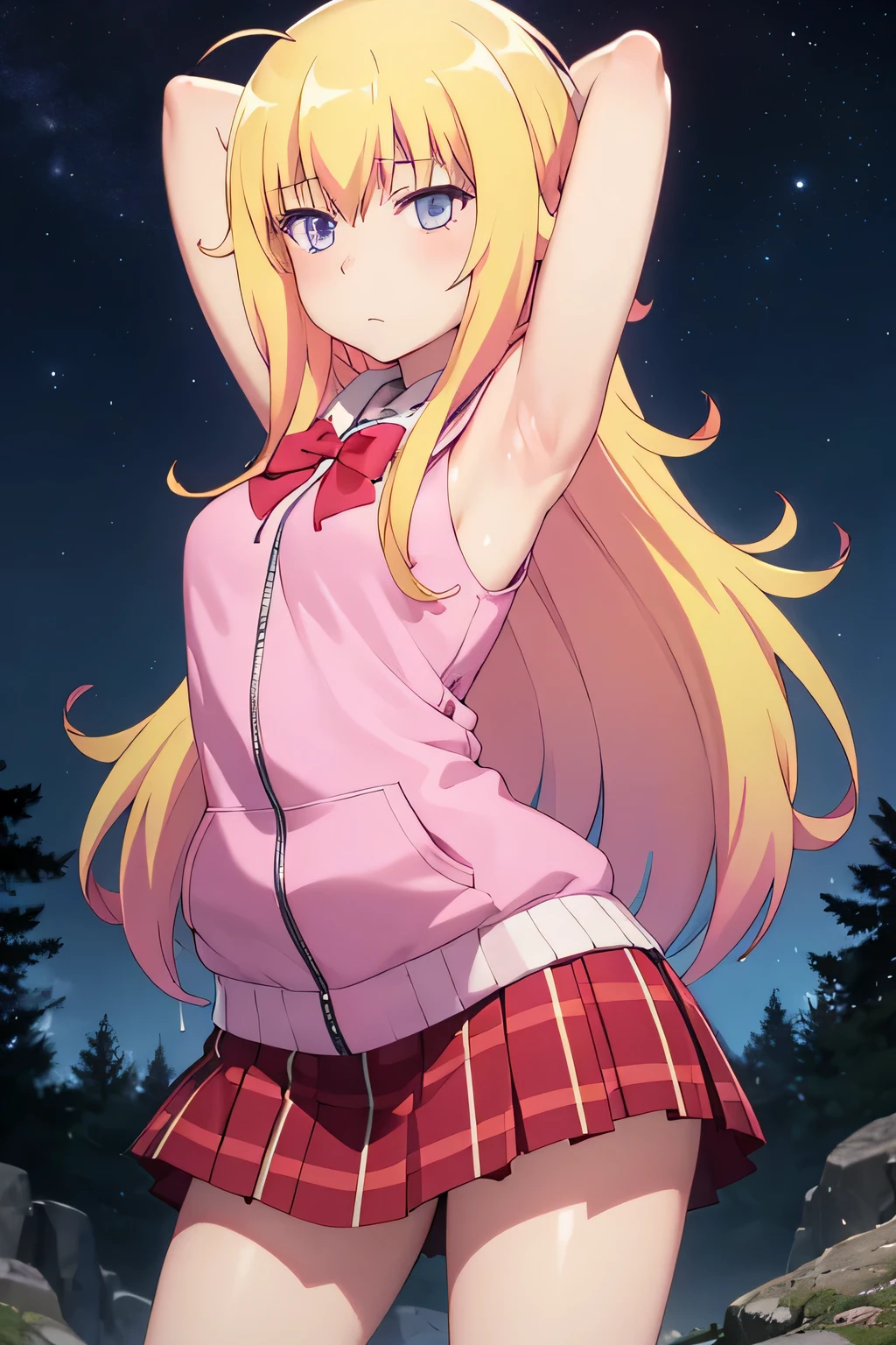 (extremely detailed CG unity 8k wallpaper), (masterpiece), (best quality), (ultra-detailed), (best illustration), (best shadow), (absurdres), 1girl, solo, gabriel white tenma, messy hair, ahoge, school uniform, red bow, plaid skirt, pink hoodie, arms behind head, closed_mouth, night sky, forest, spread armpits, contrapposto, cowboy shot, blush, expressionless, 