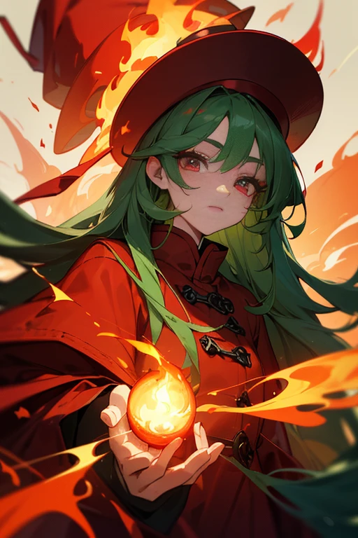 red hat、red long leather coat、long hair、Deep green hair、26 years old、fantasy、eyes are long、long eyelashes、highest quality、masterpiece、fire wizard、flame magic circle、Eye balance、Correctly contour the eyes、eyeshadow is red、rod of flame、fire bleach、fire dog