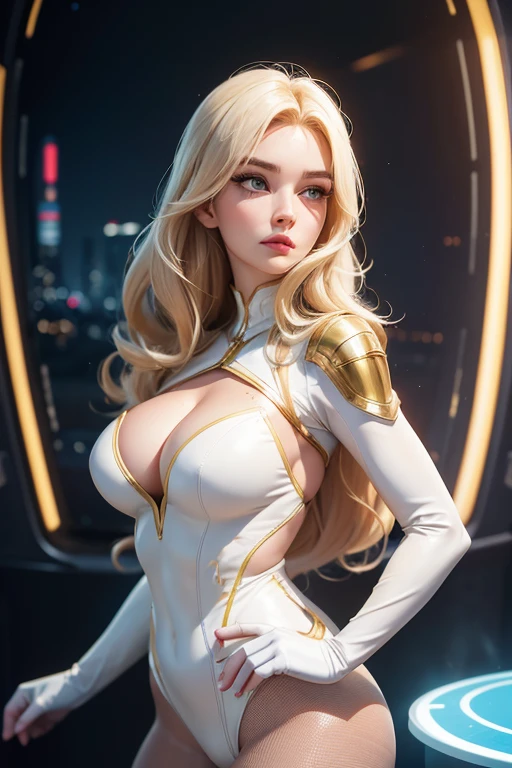 Best quality, 8K, vivid color, woman retro super hero futurism, beautiful and detailed face, big eyelashes,standing, facing away from the observer, golden hair, long eyelashes, light white shiny leotard, cleavage, metalic details, light white pantyhose, neutral sci-fi scenario