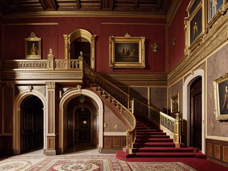 Medieval European palaces、There are no people、Entrance lobby、On the wall is a picture of a naked woman in a gorgeous frame.、There are multiple nude portraits.、There are multiple portraits of naked women in large frames in front.、Red wallpaper、Luxurious carpet in front、(Hometown Stairs with an atrium)、high ceilings、square gold picture frame