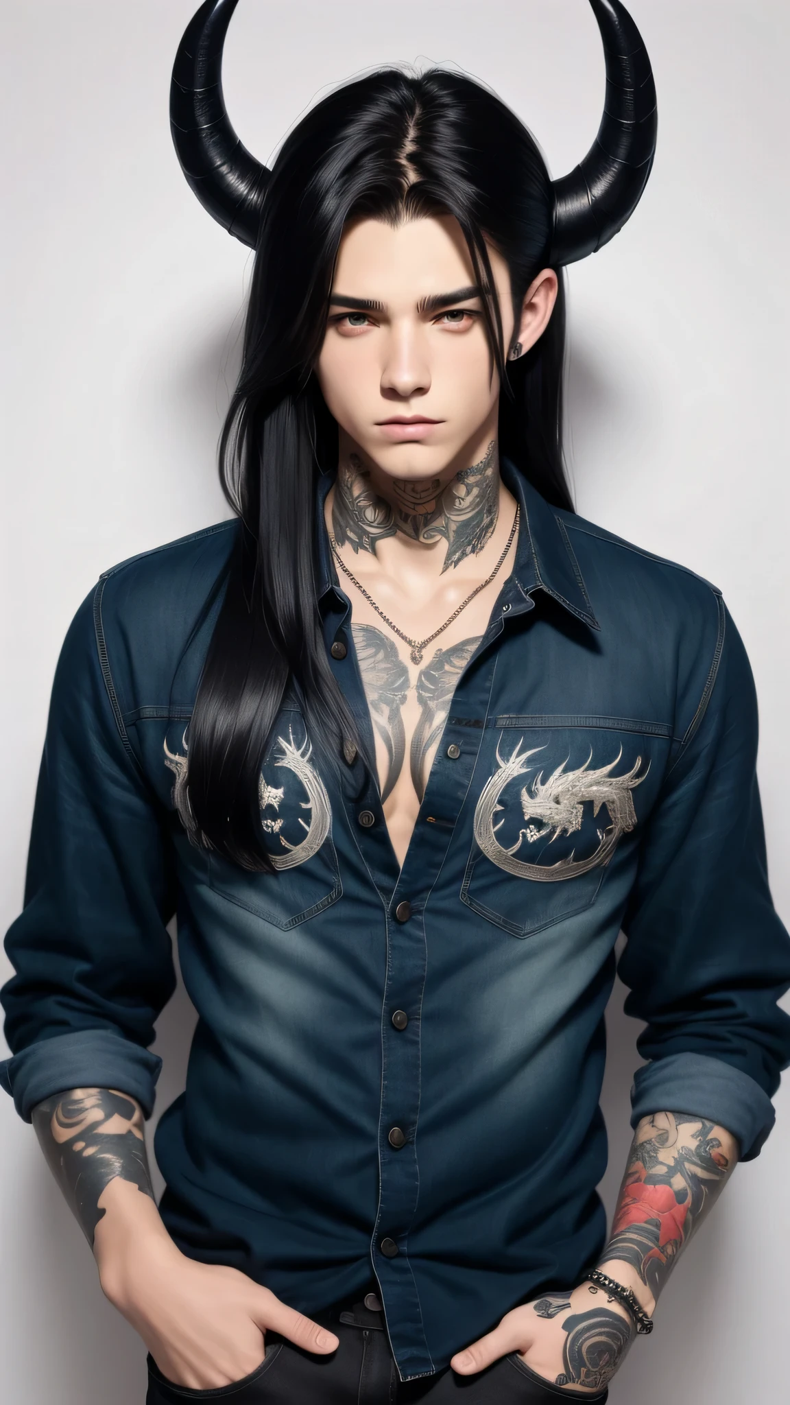 Handsome young teenage male with long black hair with dark blue ombre , red serious eyes, tattooed hands, wearing casual clothes, handsome, dragon horns, evil in white background