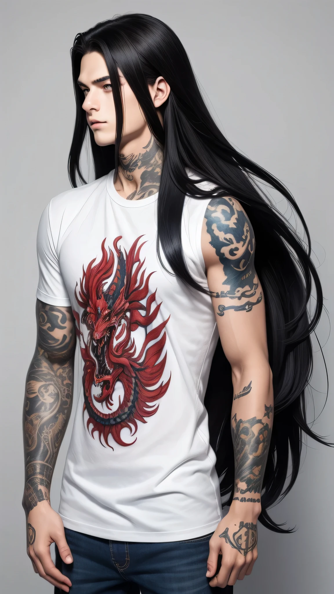 Handsome young teenage male with long black hair with dark blue ombre , red serious eyes, tattooed hands, wearing casual clothes, handsome, dragon horns, evil in white background