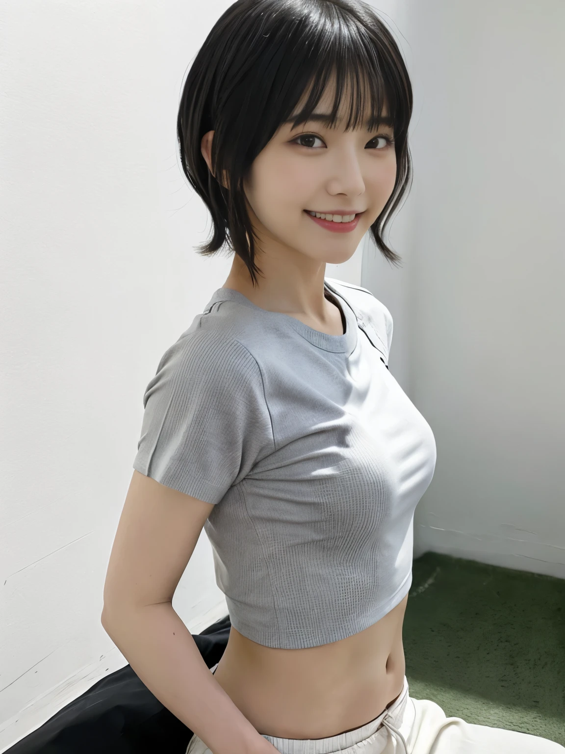 top-quality,masterpiece,Raw photography,8K,Top image quality,hight resolution, 18 years old Japanese female idol ,Beautuful Women,cute Japanese girls, Pretty Woman ,Beautiful face in every detail, aegyo sal ,small head, seductive smile ,Realistic human skin, pale skin ,cut model , Short hair ,bowl cut ,skinny body ,Sweat, t-shirts,rib ,(low rise pants, waist shoes )from side, constriction, anterior superior iliac spine ,navel focus, arched back,