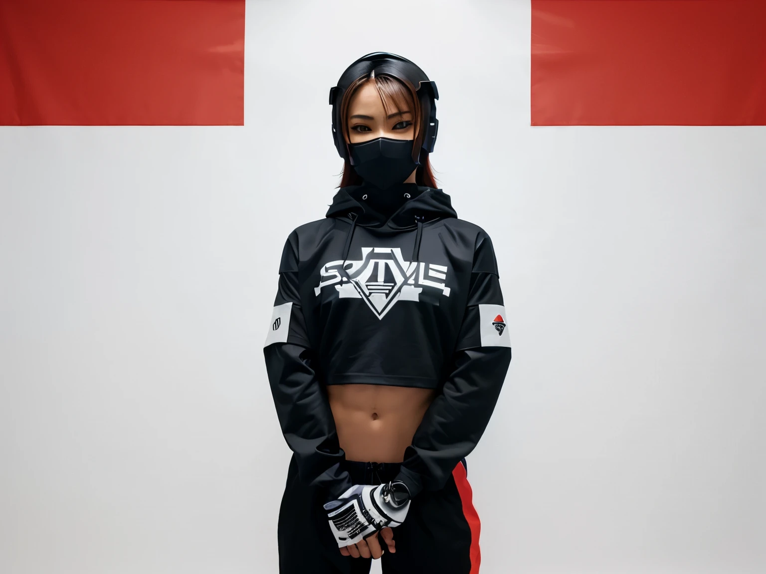 anime style illustration add a costume based on Cape Verde flag, of techwear, cyborg ninja, holding a sword, wearing a mask, striking pose, all limbs appear in frame, japanese vibe, detailed design for streetwear and urban style t-shirt design, solid color background, etc pro vector