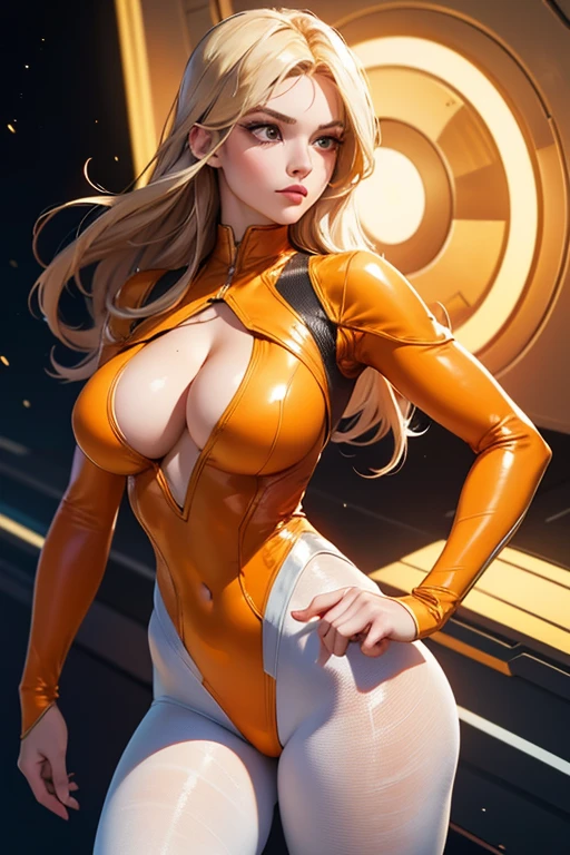 Best quality, 8K, vivid color, woman retro super hero futurism, beautiful and detailed face, big eyelashes,standing, facing away from the observer, golden hair, long eyelashes, light white shiny leotard, cleavage, orange metalic details, light white pantyhose, neutral sci-fi scenario