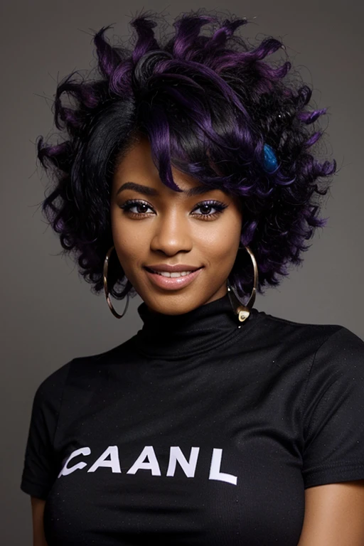 A beautiful black woman, 25 years old, purple afro Chanel style hair, blue eyes, smiling