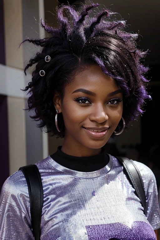 A beautiful black woman, 25 years old, purple afro Chanel style hair, blue eyes, smiling
