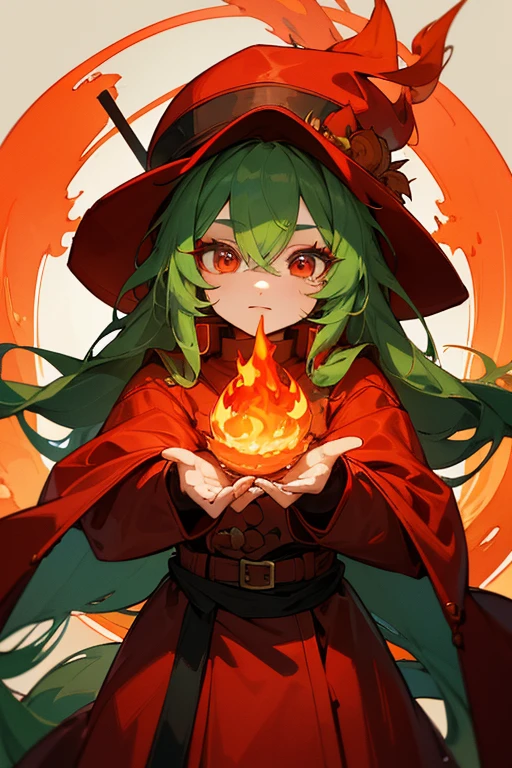 red hat、red long leather coat、long hair、Deep green hair、26 years old、fantasy、eyes are long、long eyelashes、highest quality、masterpiece、fire wizard、flame magic circle、Eye balance、Correctly contour the eyes、eyeshadow is red、rod of flame、fire bleach、fire dog