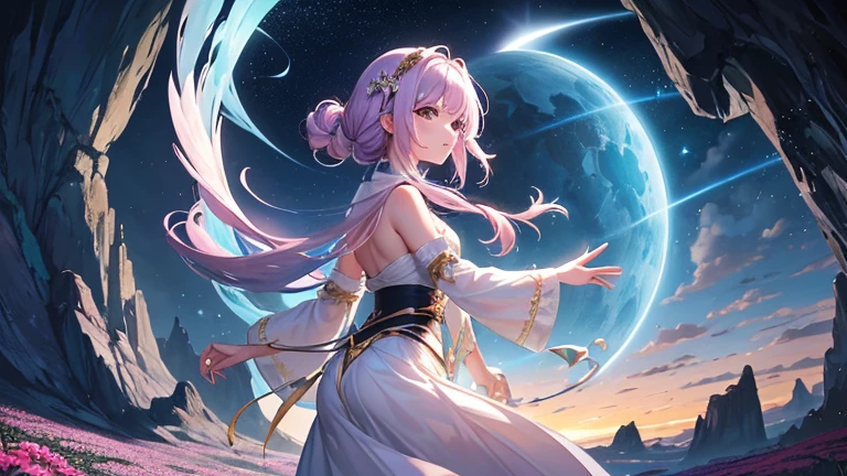 One day, while transitioning from a lush field of flowers to a rocky landscape, Aria decided to embark on a journey to uncover the mysteries of Morpheon. She began her journey as the planet's colorful sun dipped below the horizon, casting a warm glow over the ever-changing terrain.

Equipped with her diaphanous wings and a satchel filled with supplies, Aria set forth into the unknown, her heart pounding with anticipation. The air was filled with the sweet fragrance of flowers from the meadow she had just left behind, gradually giving way to the crisp scent of the approaching rocky landscape.

As the sun's rays painted the sky in hues of orange and pink, Aria's wings carried her gracefully over the shifting landscapes. The rocks beneath her feet echoed the stories of eons past, and she could feel the energy of Morpheon pulsating through the ground. Her curious eyes sparkled with wonder as she observed the vibrant flora and fauna adapting to the rocky environment.

Guided by the soft glow of the planet's moons overhead, Aria pressed on, eager to unravel the secrets that lay ahead. The night brought a celestial spectacle as constellations shifted and danced across the ever-changing sky. Aria marveled at the beauty of the cosmic ballet, feeling a deep connection to the rhythmic heartbeat of Morpheon.

Through valleys of sparkling crystals and caverns adorned with bioluminescent wonders, Aria's journey unfolded like a dream. Every step revealed a new facet of Morpheon's enchanting tapestry, and the echoes of her laughter resonated through the air, blending with the harmonious sounds of the evolving environment.

With each passing cycle, Aria's spirit of exploration remained unyielding. She became a living testament to the boundless wonders that awaited those who dared to venture into the heart of Morpheon. As the sun rose on the horizon once again, Aria soared towards the next transformation, ready to embrace the ever-changing beauty of her celestial home.