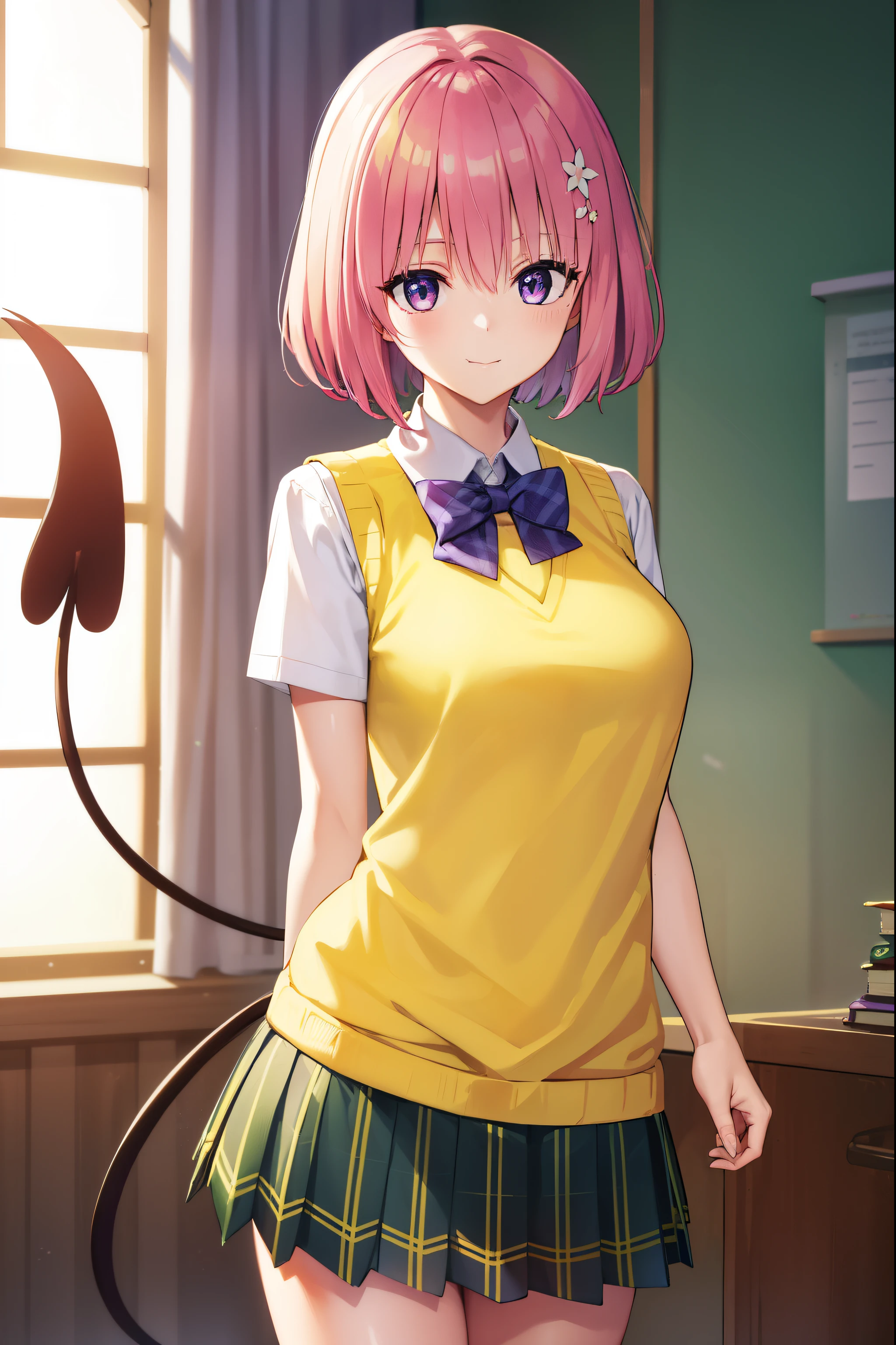 momodevilluke, momo deviluke, demon tail, hair flower, hair ornament, (purple eyes:1.1), pink hair, short hair, tail, smile,
BREAK demon tail, green skirt, plaid, plaid skirt, sainan high school uniform, school uniform, skirt, sweater vest, thighhighs, (yellow sweater:1.5), short sleeves, bow, green bow,
BREAK indoors, classroom,
BREAK looking at viewer, (cowboy shot:1.5),
BREAK (masterpiece:1.2), best quality, high resolution, unity 8k wallpaper, (illustration:0.8), (beautiful detailed eyes:1.6), extremely detailed face, perfect lighting, extremely detailed CG, (perfect hands, perfect anatomy),