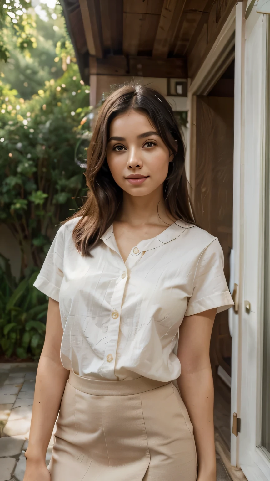 (best quality,4k,8k,highres,masterpiece:1.2),ultra-detailed,(realistic,photorealistic,photo-realistic:1.37),young girl with a youthful and vibrant appearance,beautiful detailed eyes,beautiful detailed lips,soft black hair cascading down to her shoulders. She wears minimal office clothes consisting of a crisp white button-down shirt and a pencil skirt in a neutral shade. In her hand, she holds a camera, capturing a selfie photo. Her pose exudes confidence and radiates a sense of joy. The girl stands in front of a charming natural house, with greenery surrounding her. The house blends harmoniously with the natural environment, creating a serene and peaceful atmosphere. The lighting delicately illuminates the girl's face, highlighting her features and accentuating her beauty. The color palette of the image is warm and inviting, with soft pastel tones and a hint of golden sunlight.