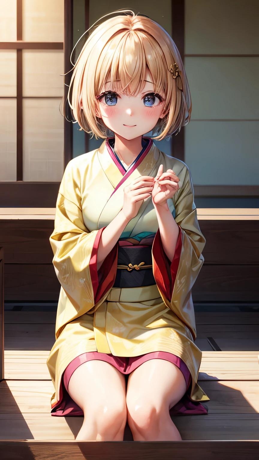 Best Quality、、Very cute、glad looking face、short-hair、Golden head hair、shrines、I want to blush、Staring at this、winc、Kimono、胸の谷間