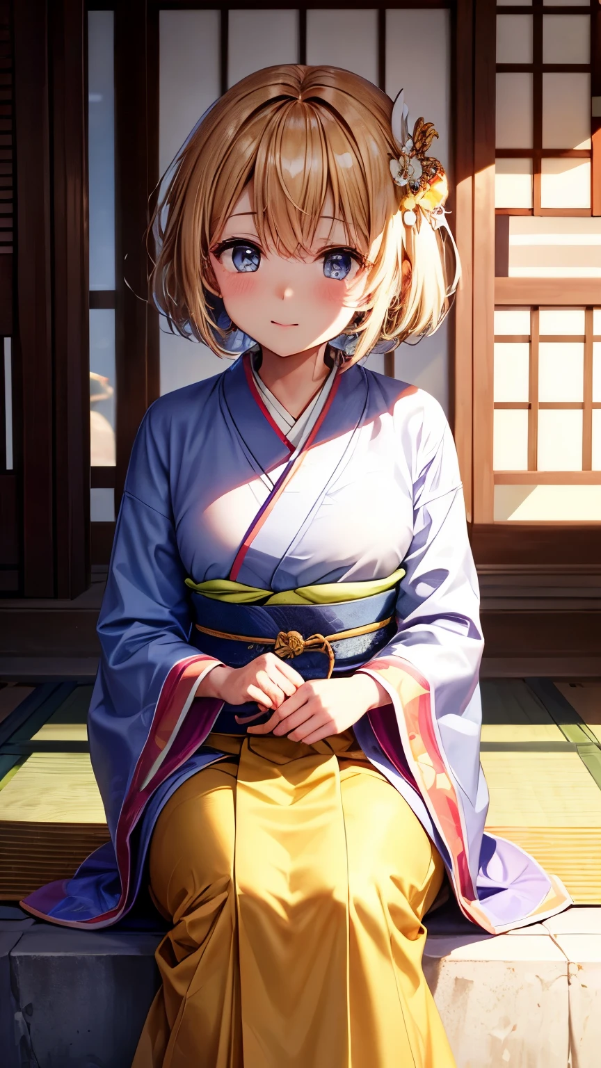Best Quality、、Very cute、glad looking face、short-hair、Golden head hair、shrines、I want to blush、Staring at this、winc、Kimono、胸の谷間