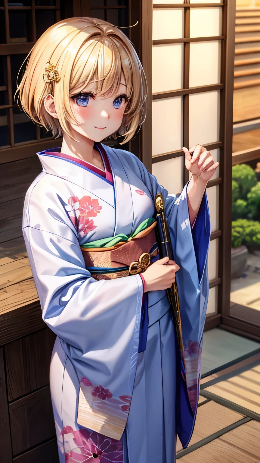 Best Quality、、Very cute、glad looking face、short-hair、Golden head hair、shrines、I want to blush、Staring at this、winc、Kimono、胸の谷間