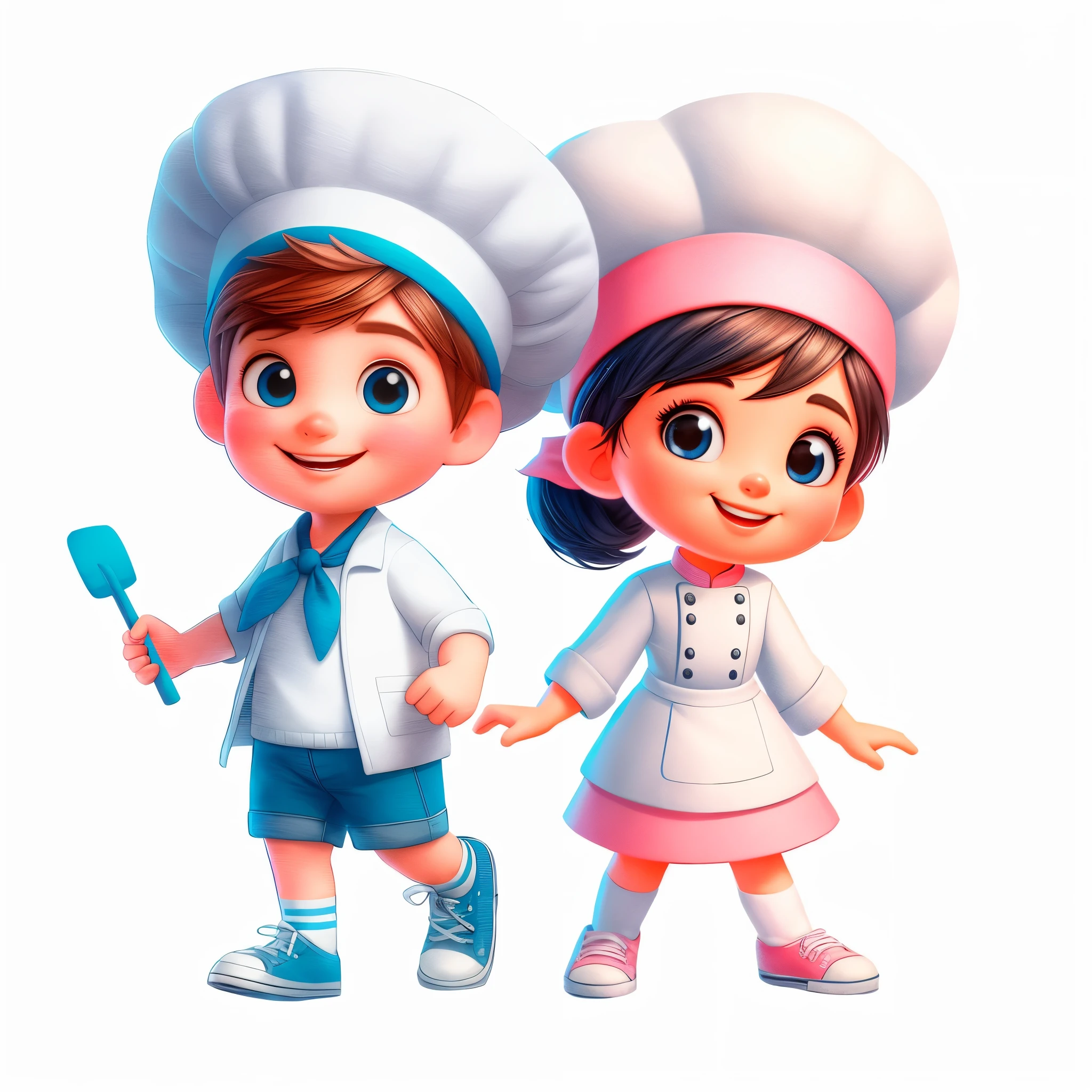 cartoon children dressed in chef hats and aprons holding a spatula, illustration de estilo cartoon, branco bg, Menino e , illustration , Personagens 3D, cozinhar, cozinha, wearing white chef hat, cozinharing show, illustration oficial, por Elaine Hamilton, chef feliz, cozinharing, melhor chef, desenho animado , por Juan O&#39;Gorman, illustration hd