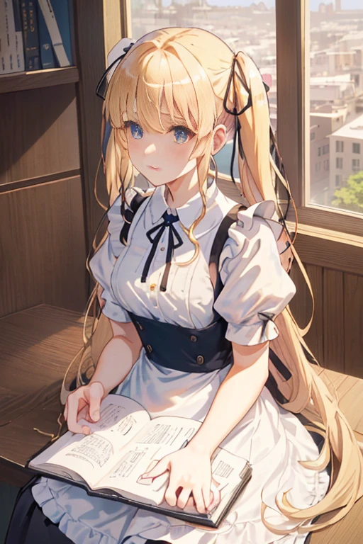ticker_eriri, sawamura spencer eriri, 1 girl, blonde hair, blue eyes, twin tails, alone, tooth, long hair, hair ribbon, anime coloring book, blush, bangs, black ribbon, long dress, maid, maid apron, roswaal mansion maid uniform,
, (masterpiece:1.6, highest quality), (Beautiful detailed eyes: 1.2),  