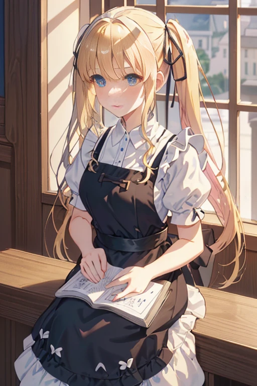 ticker_eriri, sawamura spencer eriri, 1 girl, blonde hair, blue eyes, twin tails, alone, tooth, long hair, hair ribbon, anime coloring book, blush, bangs, black ribbon, long dress, maid, maid apron, roswaal mansion maid uniform,
, (masterpiece:1.6, highest quality), (Beautiful detailed eyes: 1.2),  