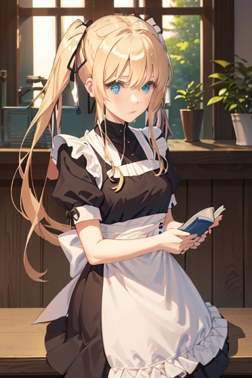 ticker_eriri, sawamura spencer eriri, 1 girl, blonde hair, blue eyes, twin tails, alone, tooth, long hair, hair ribbon, anime coloring book, blush, bangs, black ribbon, long dress, maid, maid apron, roswaal mansion maid uniform,
, (masterpiece:1.6, highest quality), (Beautiful detailed eyes: 1.2),  