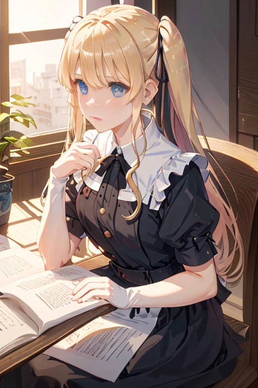 ticker_eriri, sawamura spencer eriri, 1 girl, blonde hair, blue eyes, twin tails, alone, tooth, long hair, hair ribbon, anime coloring book, blush, bangs, black ribbon, long dress, maid, maid apron, roswaal mansion maid uniform,
, (masterpiece:1.6, highest quality), (Beautiful detailed eyes: 1.2),  