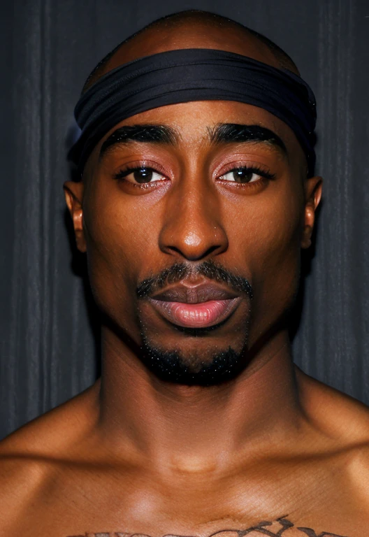 Tupac Shakur, dark ambient, straight eye contact, shirtless, artistic pose, realistic details:1.37, best quality, 4k, black background, no head accessories, smoking