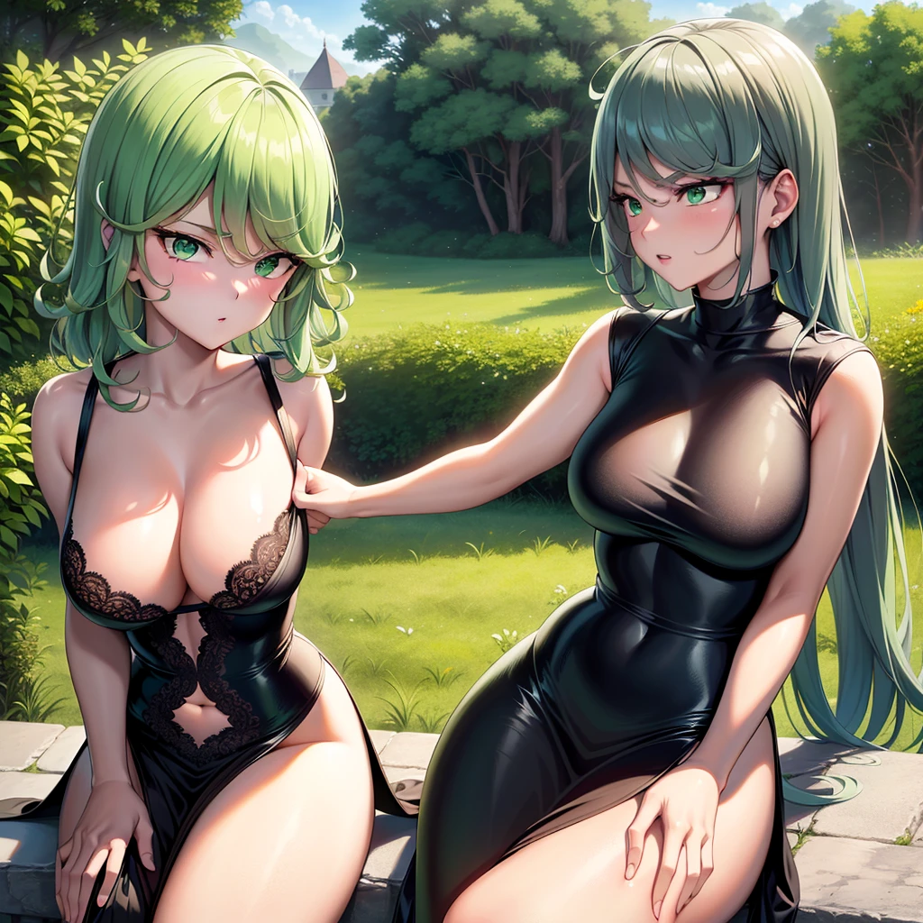 ultra realistic 8k cg, masterpiece, ((ultra detailed background, delicate pattern, intricate detail)), (highly detailed, fine details), best quality, (photorealistic:1.4),beautiful lighting, absurdres, RAW photo, film grain, 1girl, solo, tatsumaki, ((big breasts, black dress)), fine art, (short green hair), (green eyes), (outside, daytime, windy, light rays), soft light, action scene, seducing face,