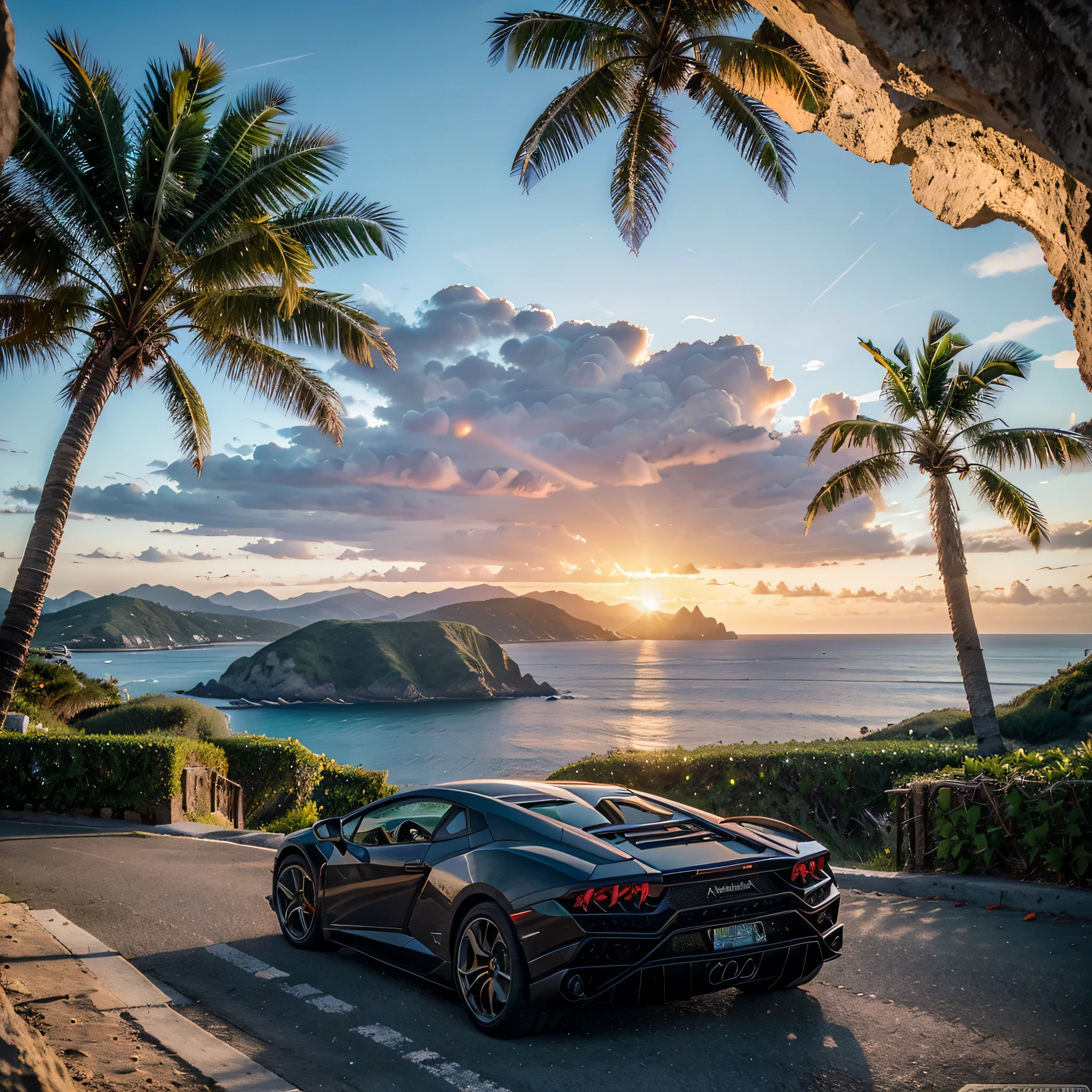 vacation, sunset, sea, natural landmarks, palm trees, mountains, vegetation, lamborghini, photorealistic, high quality, 4k, non-blurry, extra vibrant colors