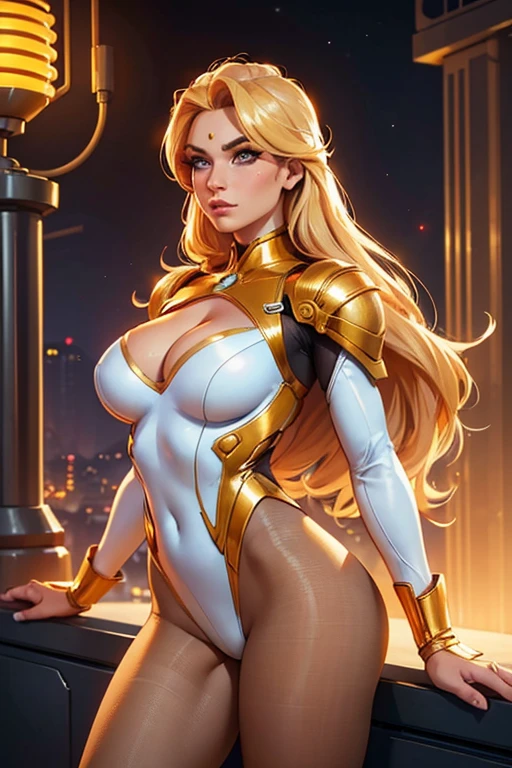 Best quality, 8K, vivid color, woman retro super hero futurism, beautiful and detailed face, big eyelashes,standing, facing away from the observer, golden hair, long eyelashes, light white shiny leotard, cleavage, orange metalic details, light tan pantyhose, neutral sci-fi scenario