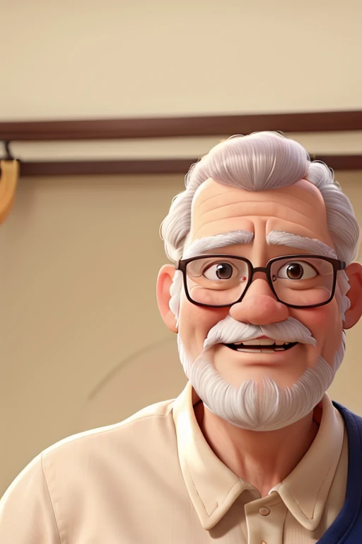 There is a 62-year-old man with glasses and a thin white beard and bald head..
