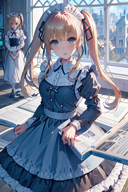 ticker_eriri, sawamura spencer eriri, 1 girl, blonde hair, blue eyes, twin tails, alone, tooth, long hair, hair ribbon, anime coloring book, blush, bangs, black ribbon, long dress, maid, maid apron, roswaal mansion maid uniform,
, (masterpiece:1.6, highest quality), (Beautiful detailed eyes: 1.2),