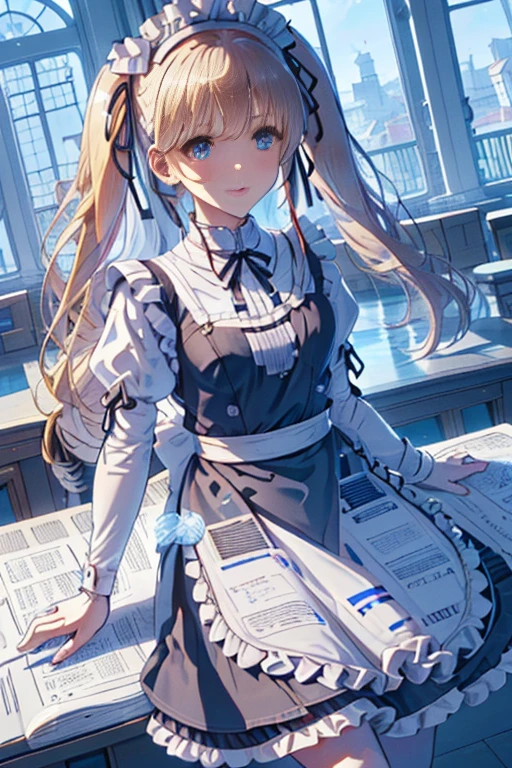 ticker_eriri, sawamura spencer eriri, 1 girl, blonde hair, blue eyes, twin tails, alone, tooth, long hair, hair ribbon, anime coloring book, blush, bangs, black ribbon, long dress, maid, maid apron, roswaal mansion maid uniform,
, (masterpiece:1.6, highest quality), (Beautiful detailed eyes: 1.2),