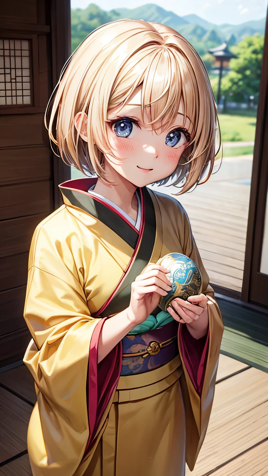 Best Quality、、Very cute、glad looking face、short-hair、Golden head hair、shrines、I want to blush、Staring at this、winc、Kimono、胸の谷間
