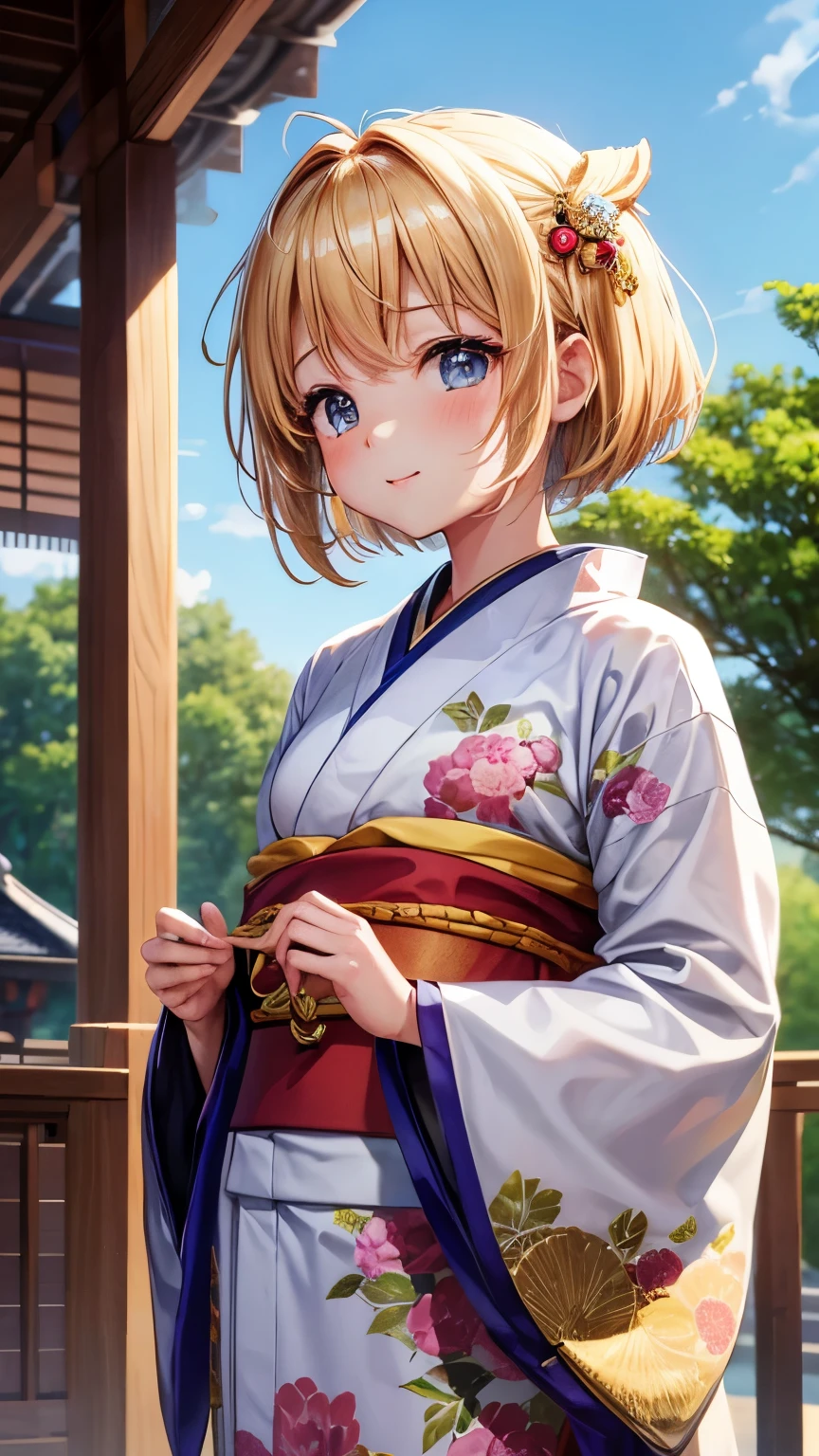 Best Quality、、Very cute、glad looking face、short-hair、Golden head hair、shrines、I want to blush、Staring at this、winc、Kimono、胸の谷間